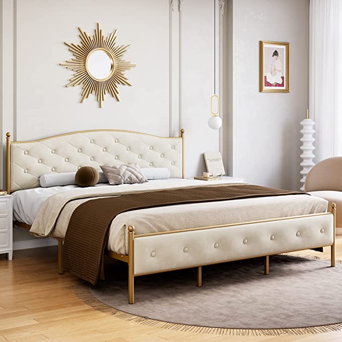 White velvet academia style bedframe with gold accents