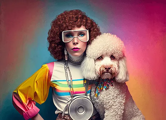 80s Fashion Model wearing Colorful Long Sleeve 80s Top, permed 80s hairstyle, necklace and sunglasses and holding Lagotto Romagnolo breed dog