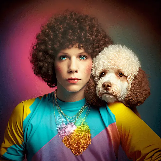 80s Fashion Model wearing Colorful Bodysuit Outfit, permed 80s hairstyle, necklace and standing with Lagotto Romagnolo breed dog looking over her shoulder