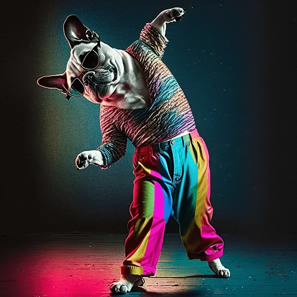80s Fashion French Bulldog Wearing, sunglasses, striped shirt, Disco Outfit 80's Pants in Neon Colors and Dancing
