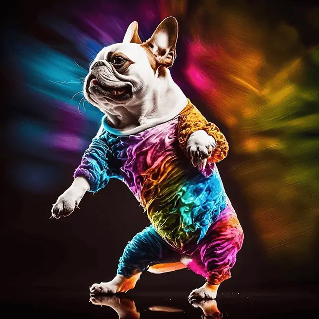 80s Disco Fashion Aesthetic French Bulldog Wearing Colorful Neon Onesie Outfit