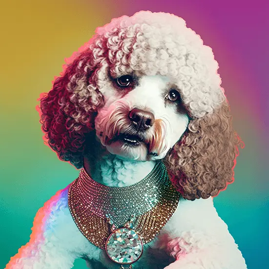 80s Jewelry Fashion Model Dog Wearing Gold and Diamond Necklace AI Generated Art