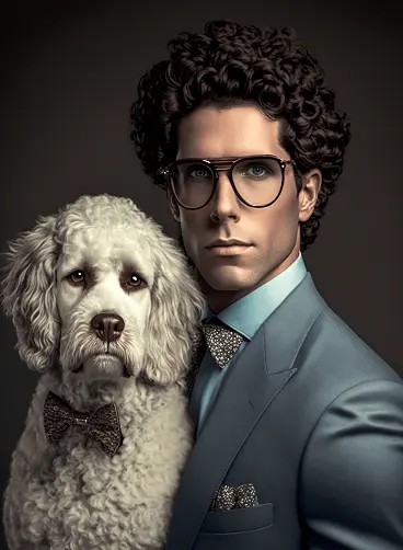 80s Mens Fashion Model Wearing Gray Suit, Large Eye Glasses and Big Permed Hairstyle and holding white shaggy dog