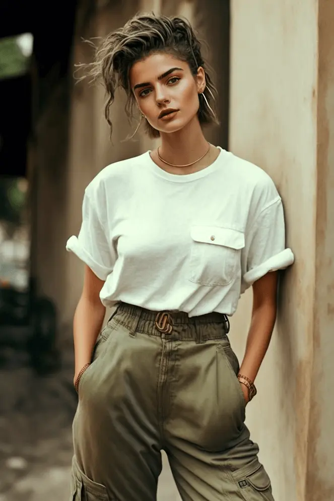 90s Fashion Cargo Pants and Crop Top T Shirt