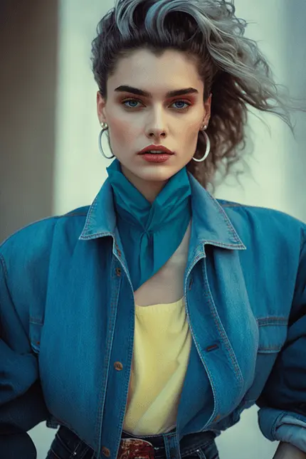 90s Fashion Model Wearing 90s Hairstyle, Cropped Jean Jacket, Yellow halter top, scarf, and large hoop earings