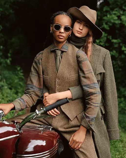 Dark Academia Fashion Models on Motorcycle Wearing Tweed and Plaid Outfits