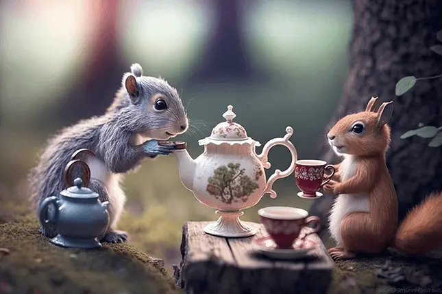 AI Art Generator Midjourney Creation of Two Squirrels at a Tea Party