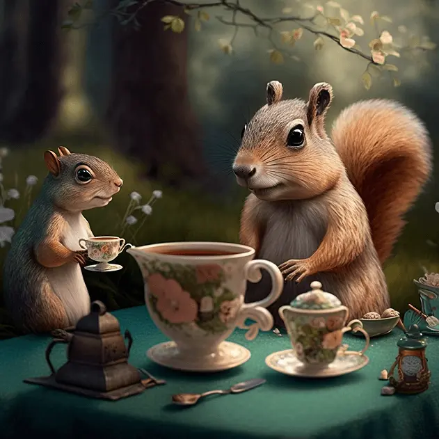 Clipart of Two Squirrels At A Tea Party In the Forest with Cottagecore Aesthetic