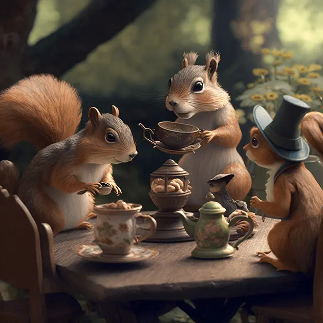 AI Generated Clipart of Squirrel Tea Party In the Woods with Vintage Aesthetic and tophat