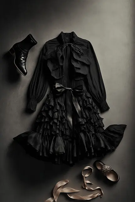 Black Long Sleeve Mini Dress Dark Academia Aesthetic with Gothic Ruffles, high neckline and cute black leather boots