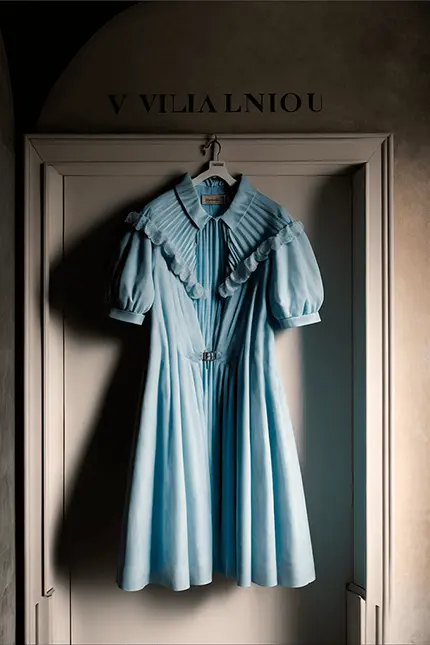 Blue Cottagecore Dress with Preppy collared neckline, short sleeves and pleated skirt
