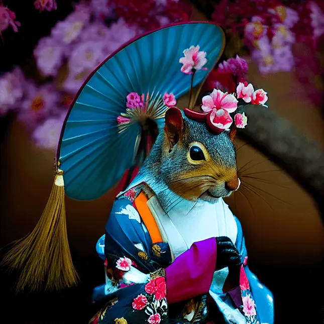 Clipart of Squirrel In Japanese Kimono Holding Umbrella with Geisha Aesthetic