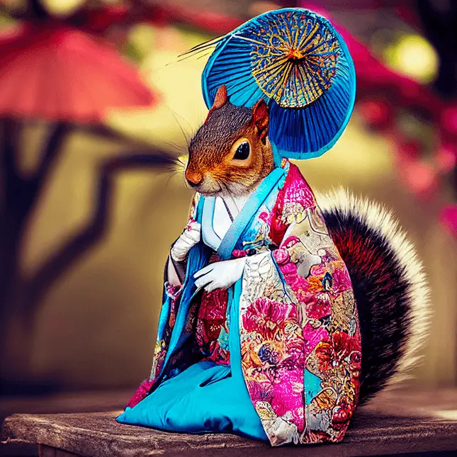 Cute Image of Squirrel In Japanese Kimono Holding Umbrella with Geisha Aesthetic