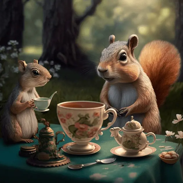 Clipart of Two Squirrels At A Tea Party In the Forest Fairytale Aesthetic Illustration