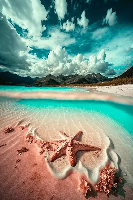 Preppy Aesthetic Beach Cute iPhone Wallpaper with Sand, Teal Water, and Fluffy Clouds in Sky