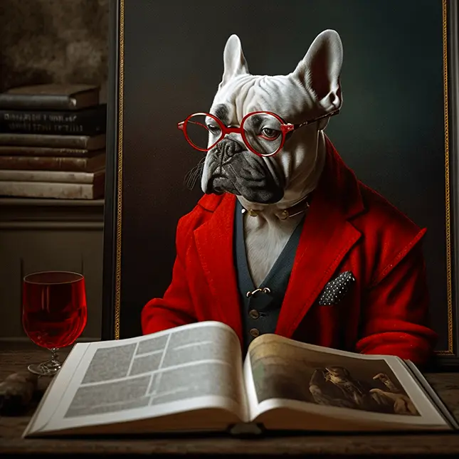 Dark Academia French Bulldog Dog Reading An Old Gothic Book wearing a Fashionable Red Coat and Red Glasses with Bookcase in Background