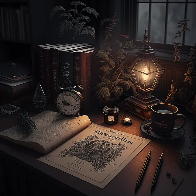 Dark Academia Aesthetic Desk with Old Lamp, Clock, and Plant Manuscript