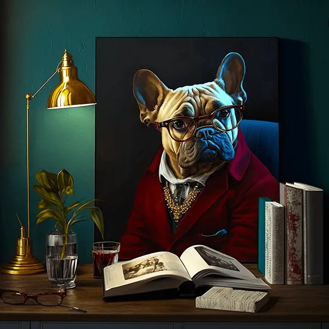 Dark Academia Interior Design Idea with French Bulldog Wall Art, Gold Table Lamp and Vintage Books