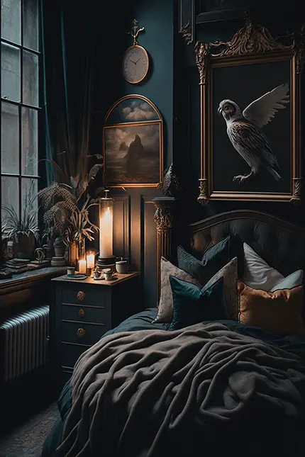 Dark Academia Style Bedroom Interior Design with Ornate Gold Frame Wall Art of an Owl