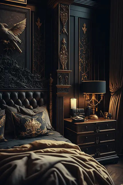 Dark Academia Style Bedroom Interior Design with Ornate Wall Art