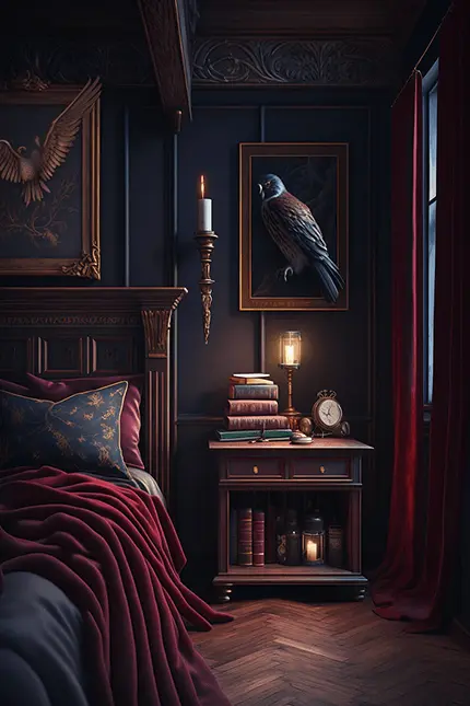 Dark Academia Style Bedroom Interior Design with Harry Potter Aesthetic and Ornate Gold Frame Wall Art