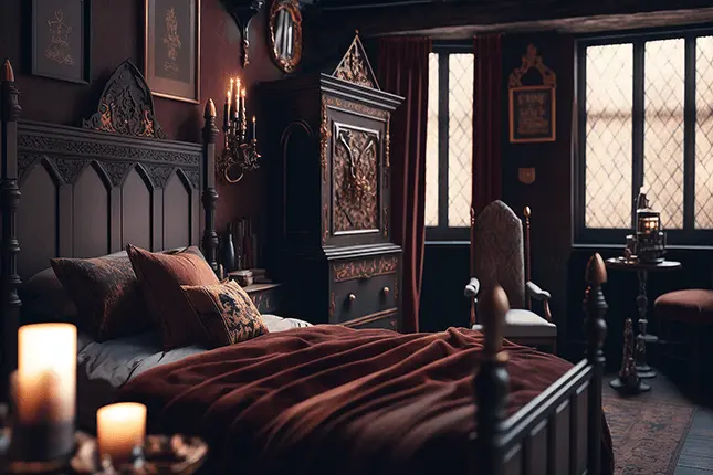 Dark Academia Style Bedroom Interior Design with Heavy Wood Furniture and Red Bedding