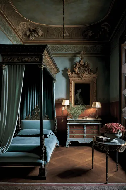 Dark Academia Bedroom Interior Design with Teal Hues, Canopy Bed and European Hunting Lodge Aesthetic