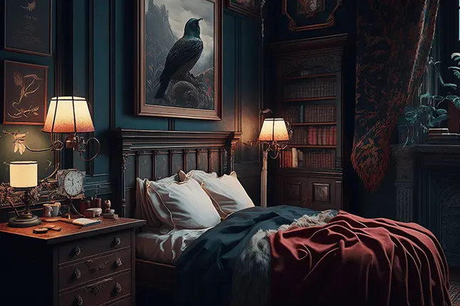 Dark Academia Bedroom Interior Design with Red Hues and European Hunting Lodge Aesthetic