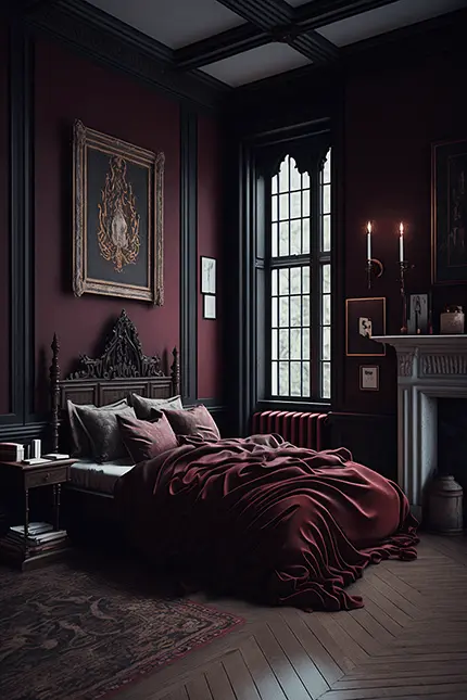 Dark Academia Bedroom Interior Design with Red Aesthetic and Gothic European Hunting Lodge Style
