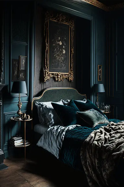 Dark Academia Bedroom Interior Design with Ornate Wall Art, Velvet Green Bedding and European Renaissance Green Aesthetic