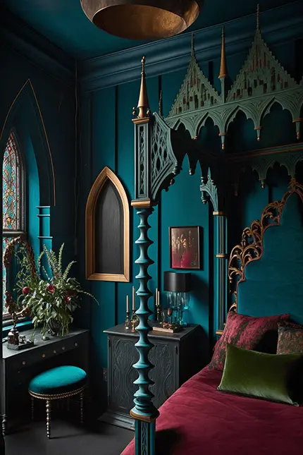 Dark Academia Bedroom Interior Design with Bright Teal Hues, Ornate Wood Canopy Bed and arched window