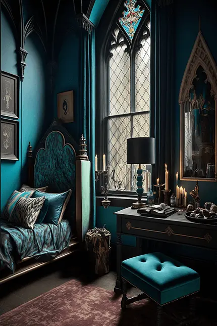 Dark Academia Aesthetic Bedroom with Twin Bed, Beveled Window Teal Hues