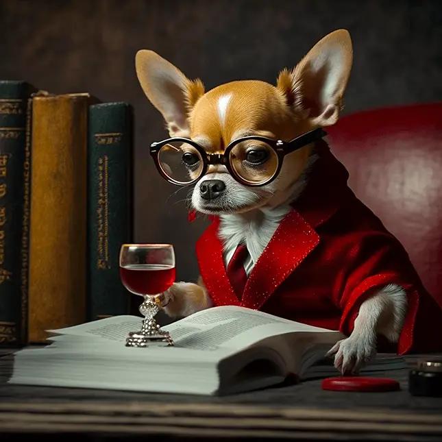 Dark Academia Chihuahua Dog Reading A Vintage Book wearing a Fashionable Red Coat and Glasses with Wine Glass