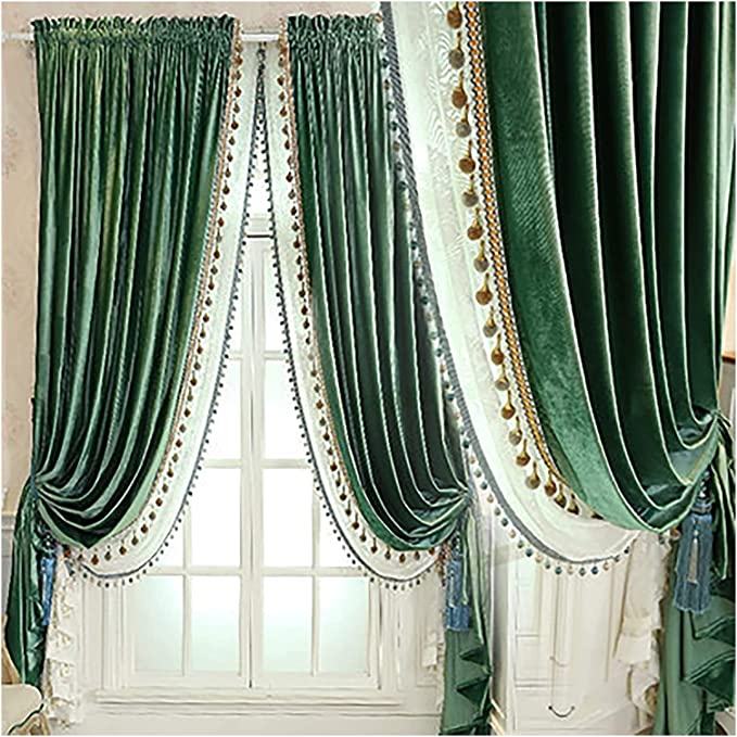 Dark Academia Curtains Green Velvet with Pompoms and Vintage Aesthetic