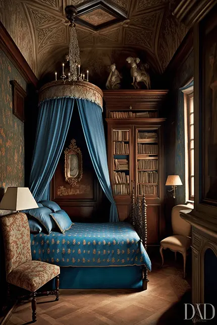 Warm Wood Dark Academia Bedroom Interior Design with Blue Accents