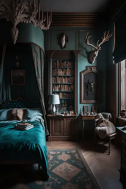 Dark Academia Aesthetic Hunting Lodge Bedroom Interior Design