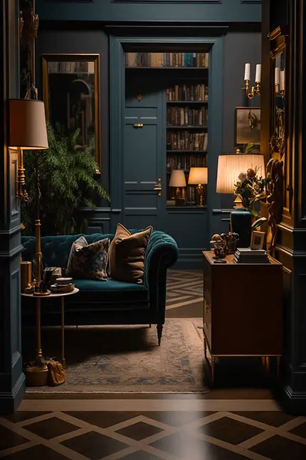 Dark Academia Preppy Maximalist Interior Design Living Room