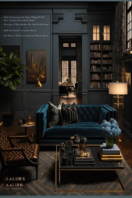 Modern Dark Academia Interior Design Living Room with Blue Green Aesthetic Velvet Couch and Bookshelves