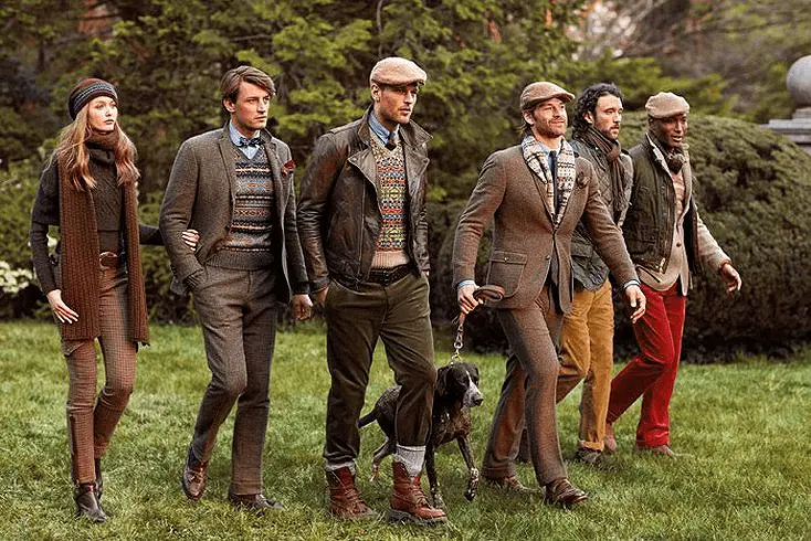 Six Dark Academia Fashion Models Wearing Tweed Outfits by Ralph Lauren Walking with Dog