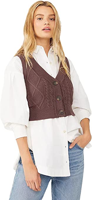 Preppy Dark Academia Casual Free People Outfit with White Shirt Denson Cable Vest in Black Raisin
