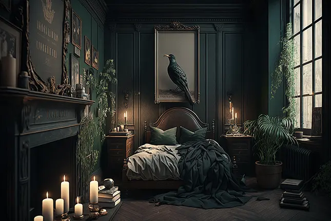 Dark Academia Bedroom Idea with Candles, Green Aesthetic, and Vintage Bird Wall Art