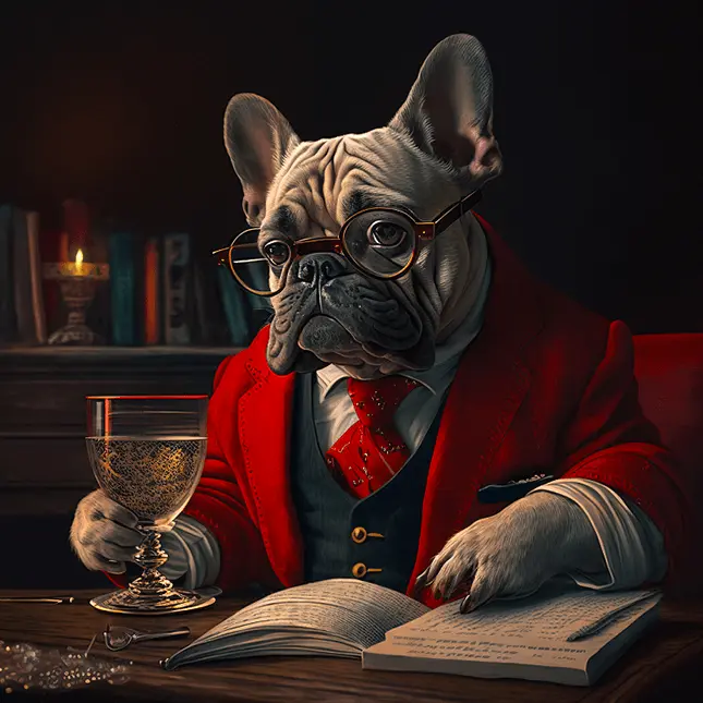 Dark Academia History Book on Desk with French Bulldog in Red Blazer Holding Glass of Wine and Reading
