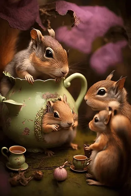 Free Squirrel Images of Four Squirrels At A Cute Tea Party