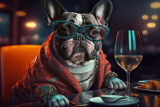 80s Fashion Accessories Glasses on French Bulldog Wearing Red Sweater at the bar with glass of wine