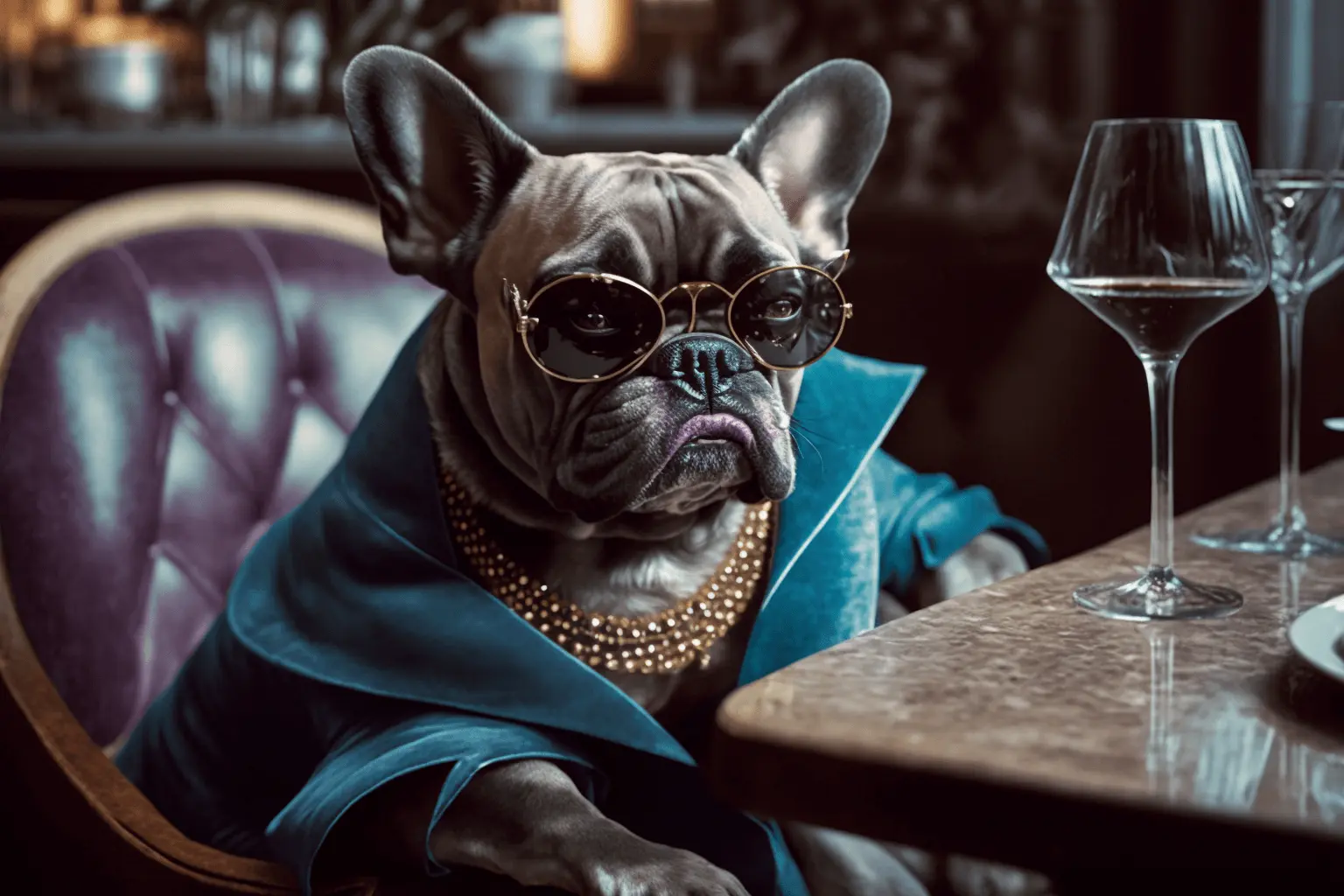 French Bulldog Wearing Velvet Blazer Jacket Gold Jewelry and Sunglasses Sitting in a Dark Academia Aesthetic Leather Chair in a Bar