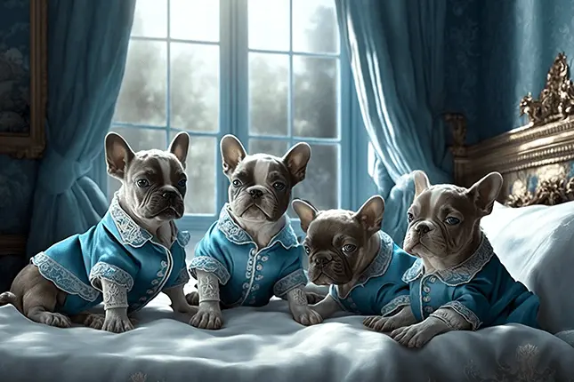 Four French Bulldog Puppies On a Bed With Blue Light Academia Aesthetic
