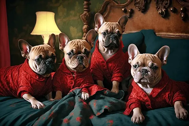 Four French Bulldog Puppies Wearing Red Pajamas Sitting in a Dark Academia Aesthetic Bedroom on a Bed with Green Blankets