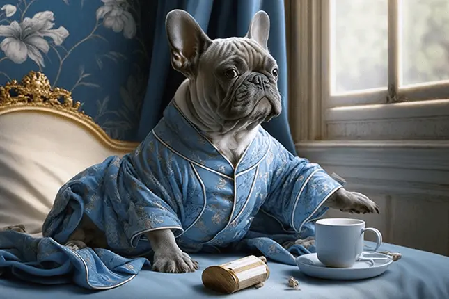 Cute French Bulldog in Light Academia Bedroom Wearing Light Blue Pajamas Reaching Paw out to grab teacup