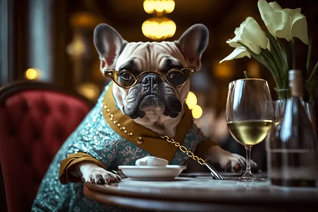 French Bulldog Sitting in Fancy Chair Wearing Luxury Designer Sunglasses and Teal Mumu Outfit at a table with wine glass and plate of food