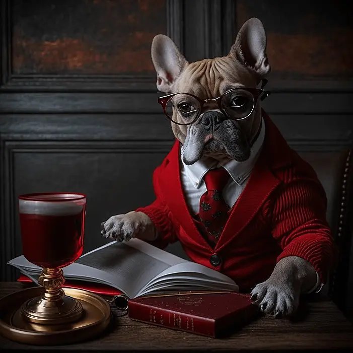 Dark Academia Aesthetic French Bulldog Dog Reading Gothic Book wearing Red Suit Coat, Tie and Glasses with Wine Glass On Table